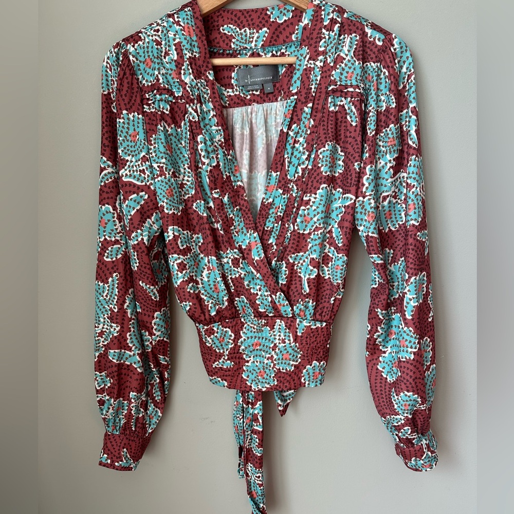 Anthropologie Burgundy Floral Wrap Blouse with Aqua Accents